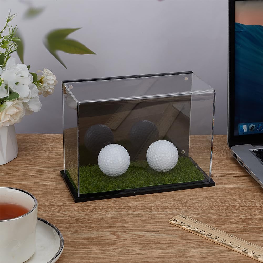FINGERINSPIRE Vitrina para pelotas de golf con base de césped de 9 x 13,2 x 9 cm, caja de exhibición de acrílico para pelotas de golf, vitrina magnética negra, soporte protector para pelotas de golf