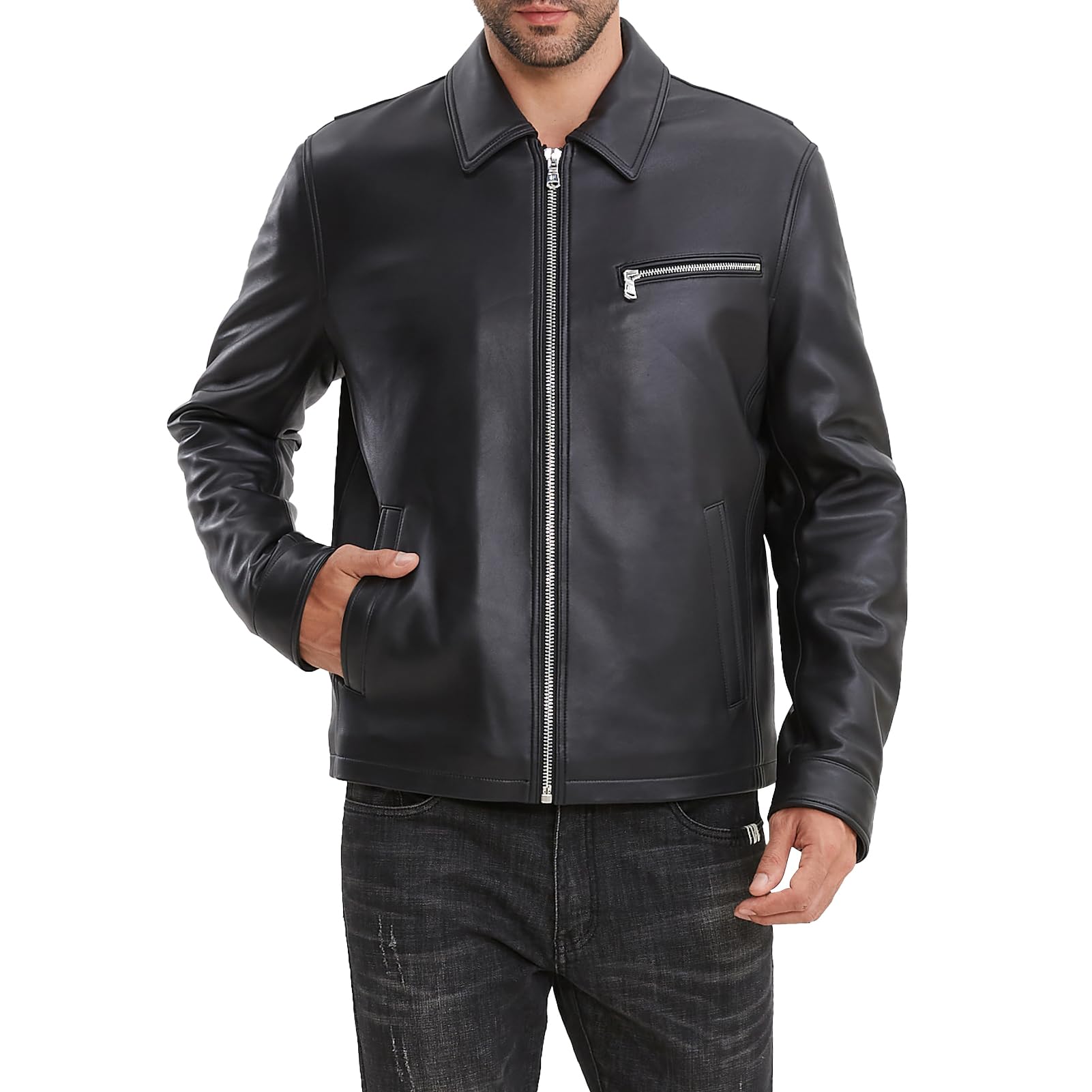 Leather Jacket Men,Lambskin Jacket with Full Zip Front,Casual Style,Tailored Design,Metal Snap Cuffs