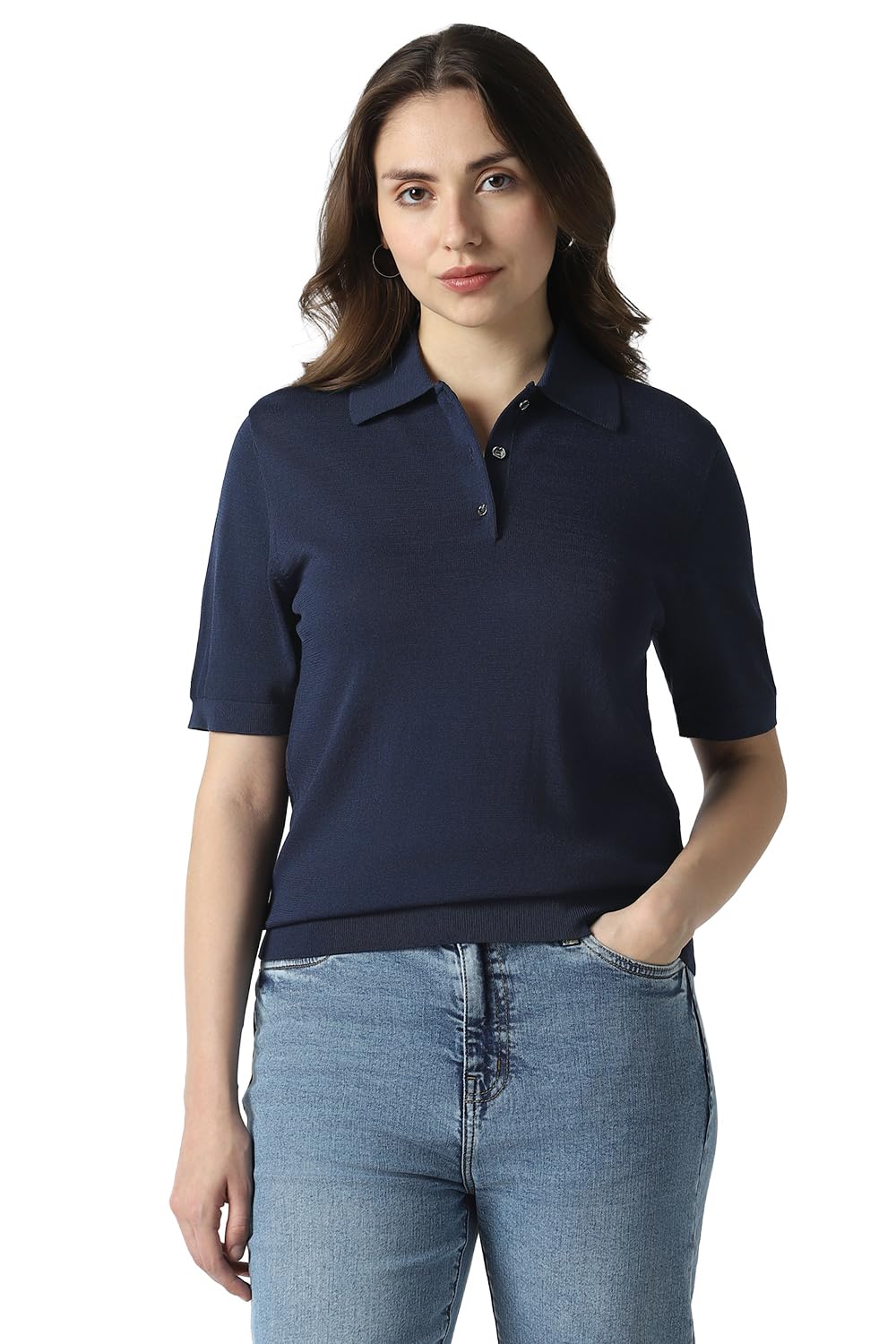 Women Navy Solid Casual Polo Neck Top-image-36