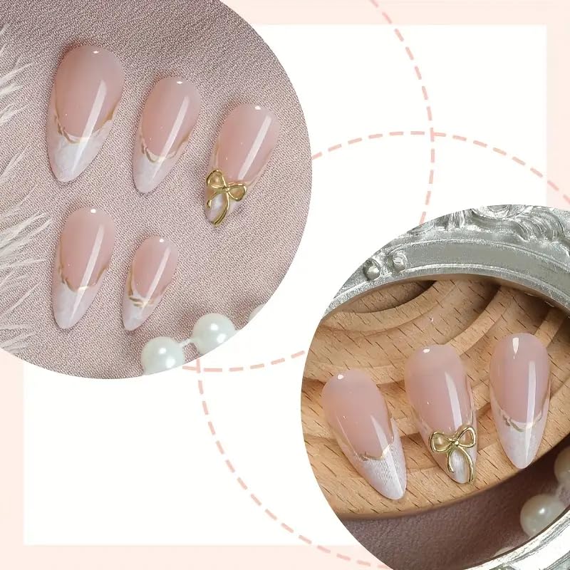 Image of Nakhi 24 Pcs Luxury Stiletto Press On Nails with Gold Bow Design