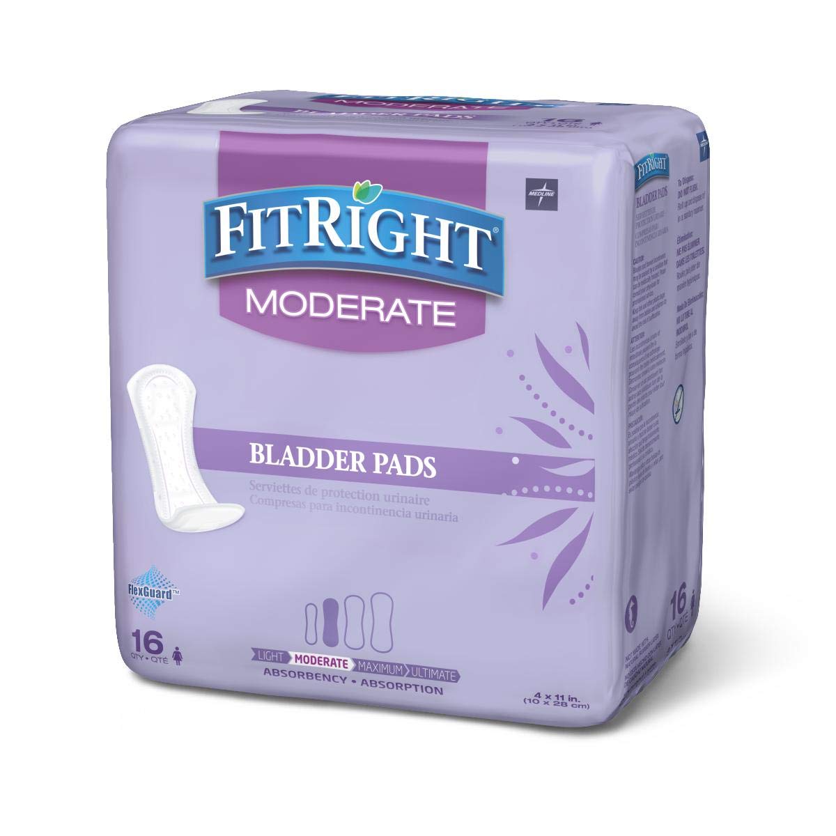 FitRight Incontinence Bladder Control Pads, Moderate Absorbency, 4.3" x 11", 16 Count (Pack of 12)