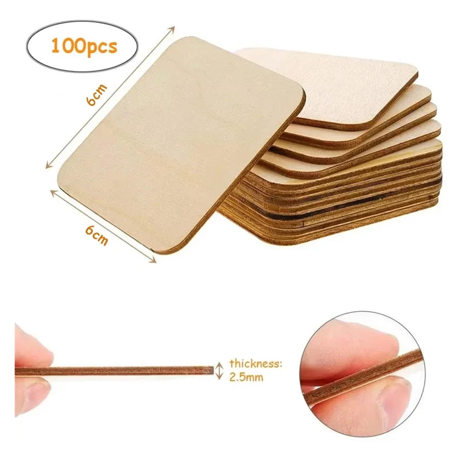 Plastry z naturalnego drewna, Niedokończone drewniane kwadraty 4-6 cm opakowanie 100 sztuk do samodzielnego grawerowania(100pcs 6cm)