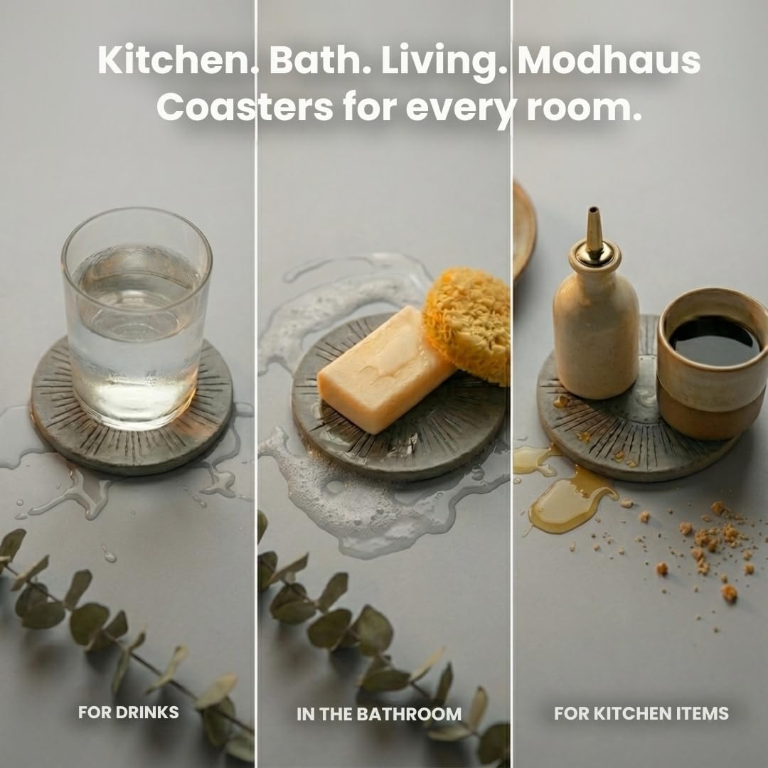 MODHAUS Stone Coaster Set of 4 – Super Absorbent Diatomite Coaster for Drinks, Cup Coasters with Non-Slip & Heat-Resistant – Protects Furniture from Stains (Round Moonlit)