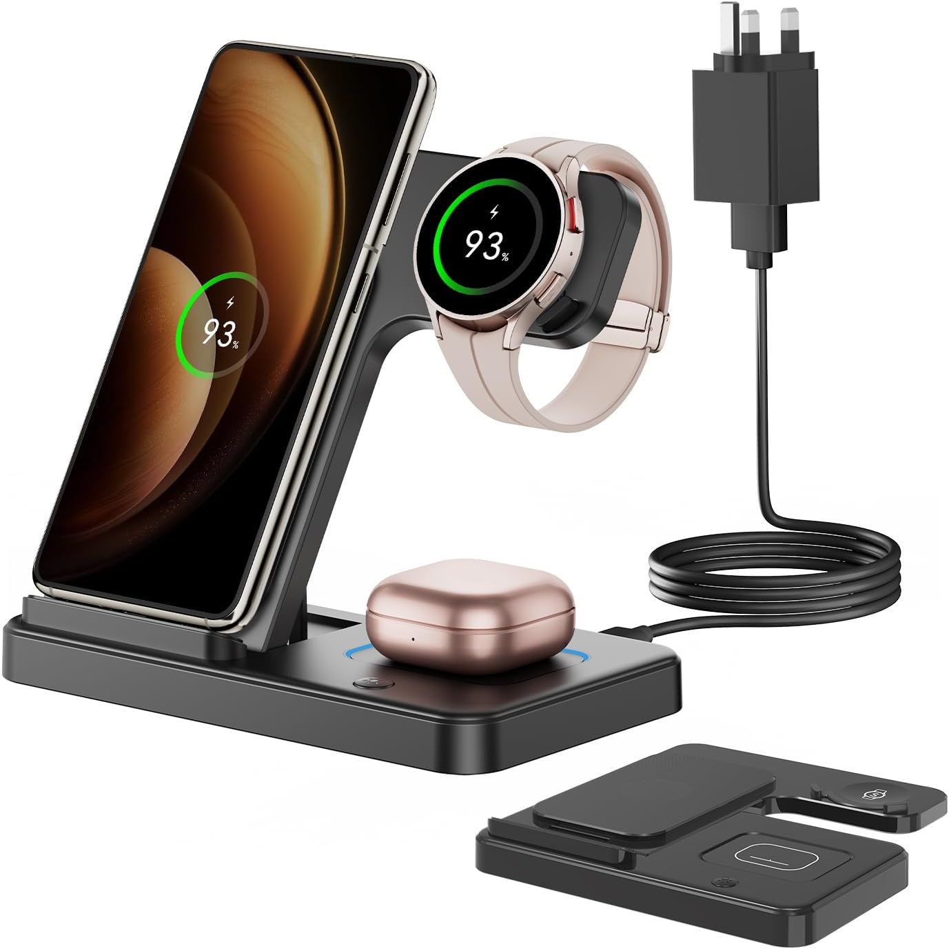 Wireless Charger for Samsung, 3 in 1 Foldable Wireless Charging Station for Samsung Galaxy S24 Ultra Plus S23 S22 S21 S20, Z Flip/Fold 5 4 3, Watch 6 5 4 3 Active, Buds 2 Pro/Live, Android