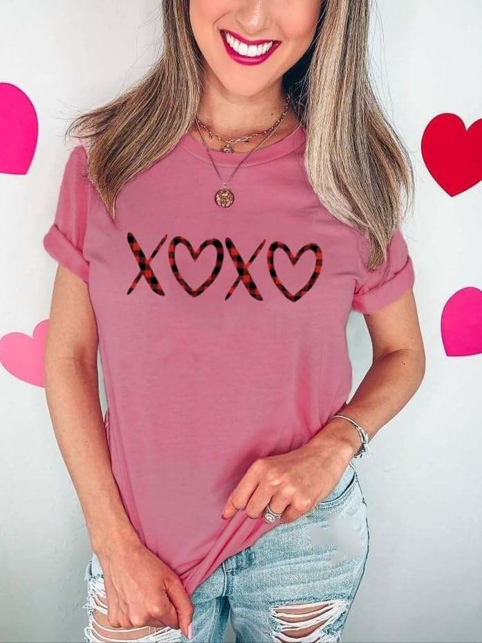 Valentines Shirts Women Love Heart Graphic Print Short Sleeve Tee Tops - Image 4