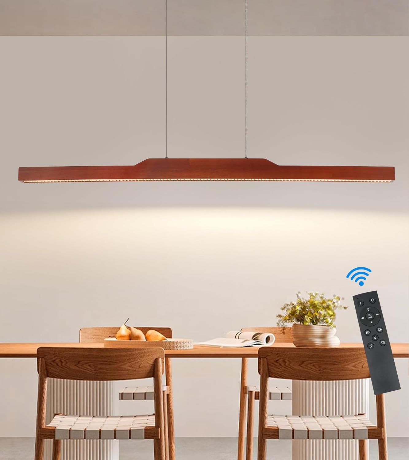 Q&S Linear Chandelier,Wood Pendant Light Fixtures for Dining Room,Modern Dimmable Hanging Led Chandelier with Remote 30W Kitchen Island Light for Bar Pool Office 39"