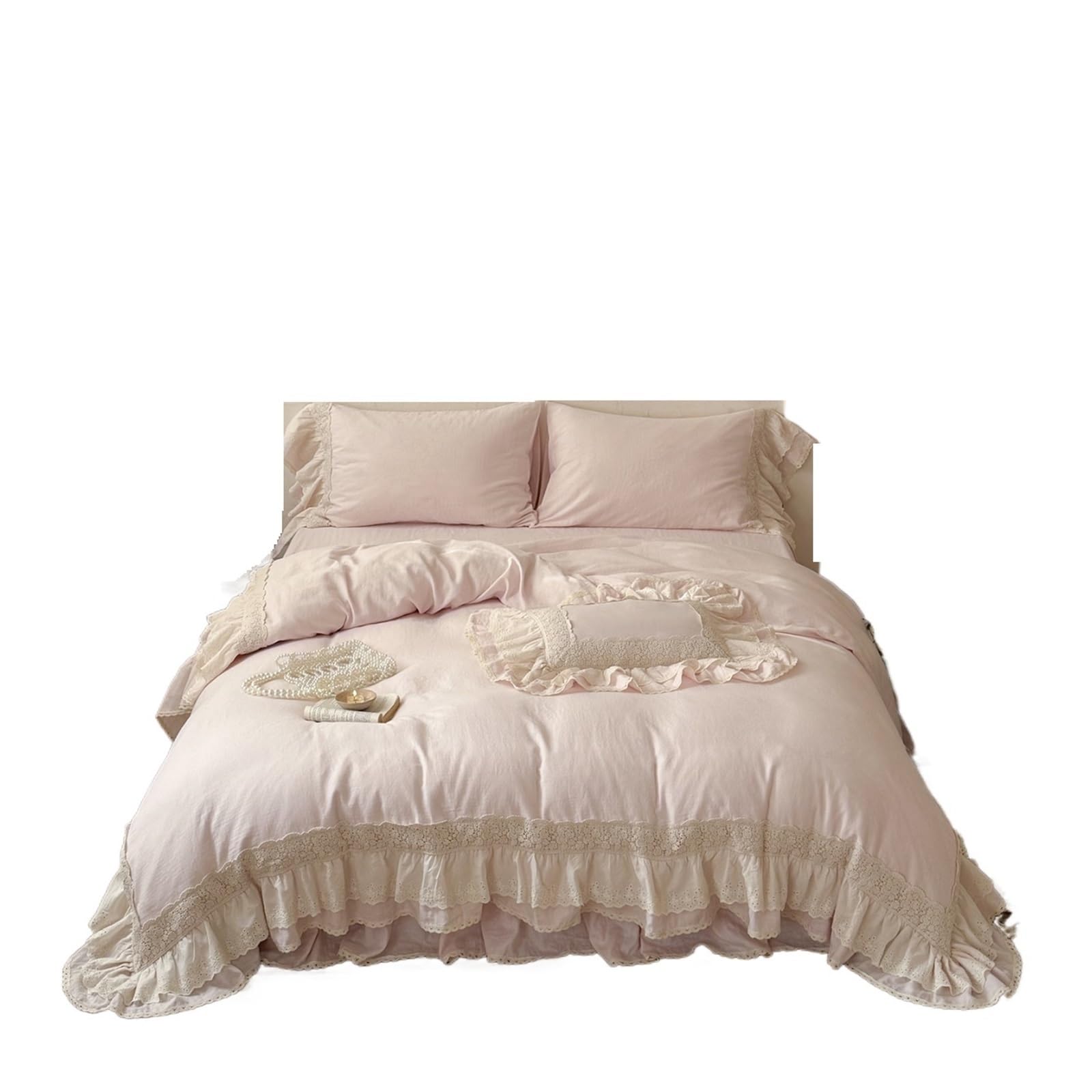 GCYEIDMA Ruffle Duvet Cover Double Layer Lace Ruffles Cotton Gauze Wedding Bedding Set Duvet Cover Bed Sheet Pillowcases 4Pcs(Color 1,Queen 200X230cm 4pcs)