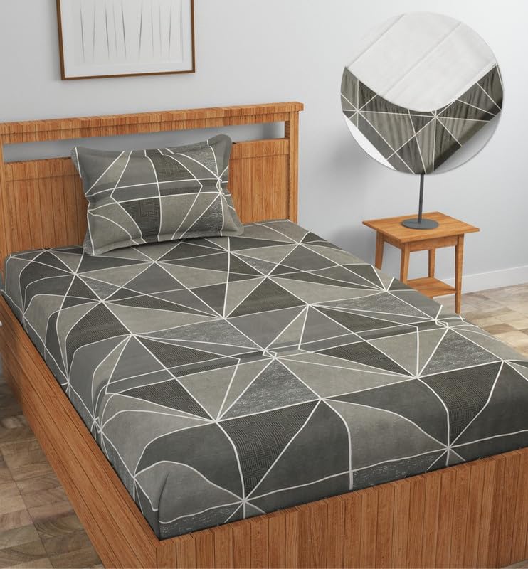 Image of NEW LEAF Premium Cotton Elastic Fitted Bedsheets with 1 Pillow Covers |Printed Single Bed Elastic 220 TC Supersoft Breathable & Wrinklefree | for 72x36+6 Inches, Dark Grey