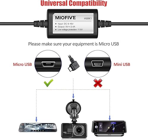 Miniatura 2 de Miofive Kit de cable duro para cámara de salpicadero, kit de cable duro micro USB de 11.5 pies para cámara de salpicadero con kit de fusibles,