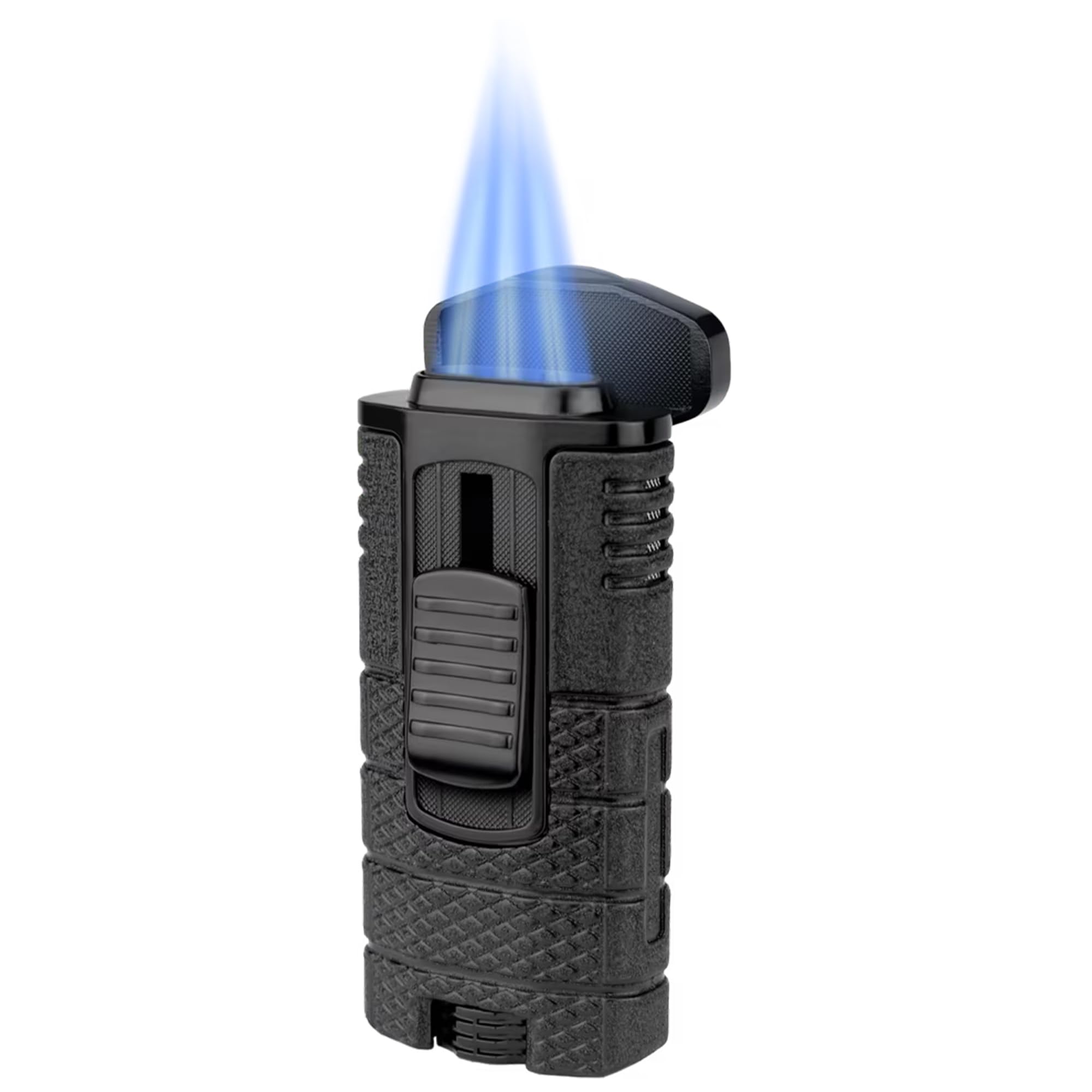 Tactical Powerful Triple Jet Flame Lighter with Pocket Clip, Engineered for Performance, Removable Pocket Clip, Angled Jet Flames, Ergonomic Metal Body, Black
