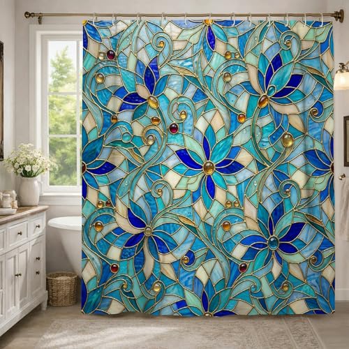 Rideau de douche bleu 183x183 cm avec tapis de bain lavable et crochets - 6