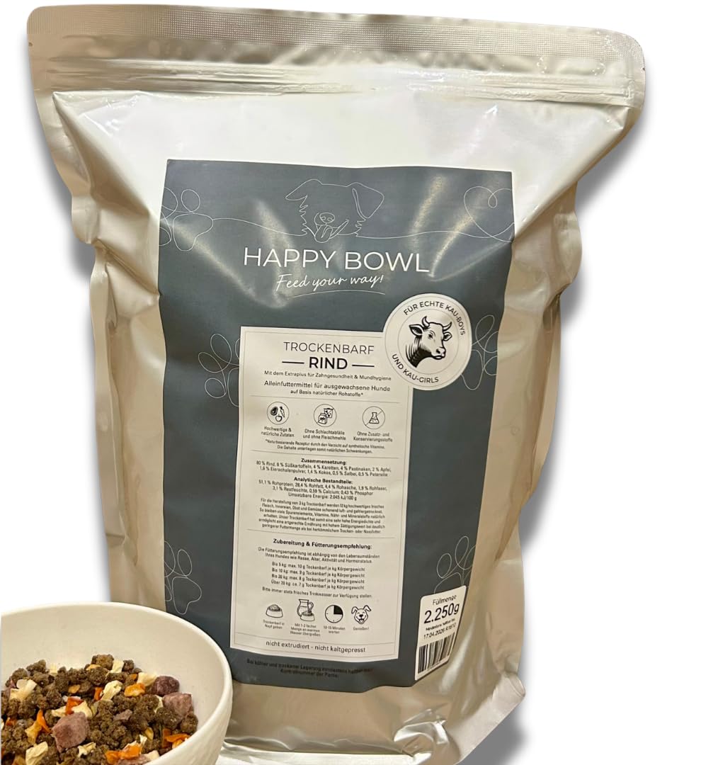 Happy Bowl - Trockenbarf Rind - 2,25kg-Beutel - Alleinfuttermittel für Hunde auf Basis natürlicher Inhaltsstoffe - Trockenfutter, Nassfutter oder Barf-Ersatz