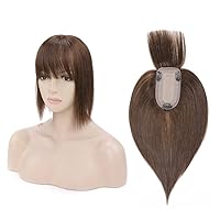 Vista 19 de MY-LADY Base monofónica natural con flequillo, castaño medio, cabello humano 100% real, clip, recto, parte media, 18 pulgadas #4