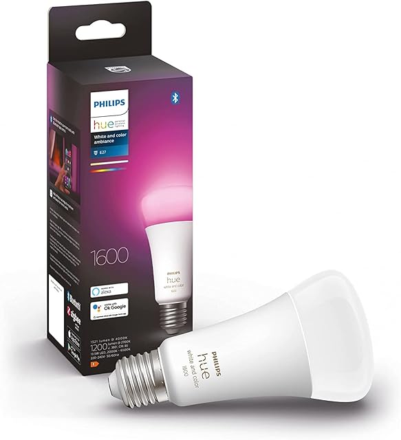 Philips Hue White and Colour Ambiance Smart Light Bulb 100W - 1600 Lumen [E27 Edison Screw] With Bluetooth. For Indoor Home Lighting, Livingroom, Bedroom. Works with Voice Control, Alexa.