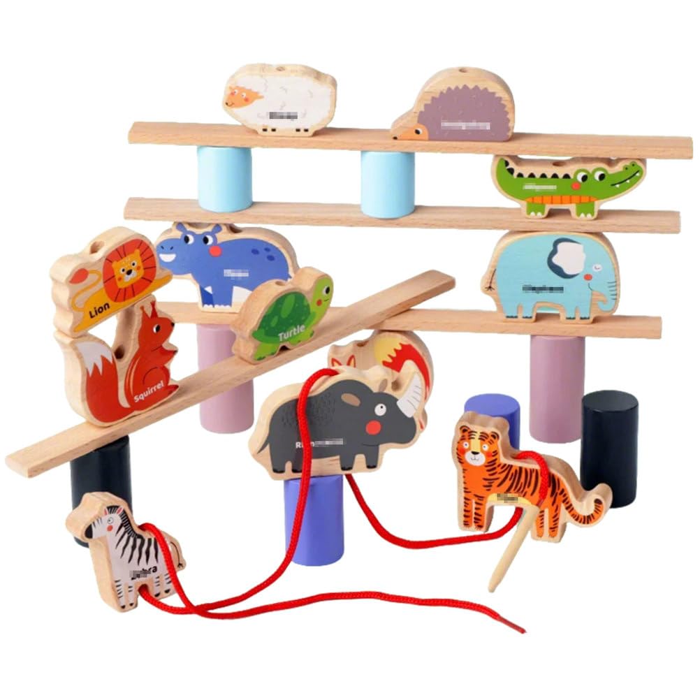Juguete Montessori 2 en 1 de Madera para Apilar y Equilibrar Animales | Enhebrar cuentas apilar bloques, juego equilibrio animales bosque, juguete educativo habilidades motrices finas