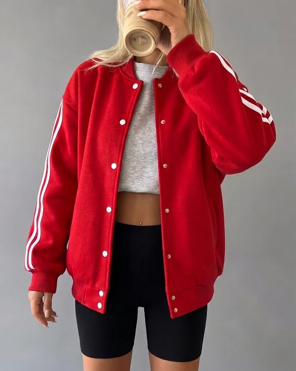 CHICME Women's Varsity Jacket Button Down Bomber Jackets Spring Fall Coat Casual Long Sleeve Loose Jacket with Pockets