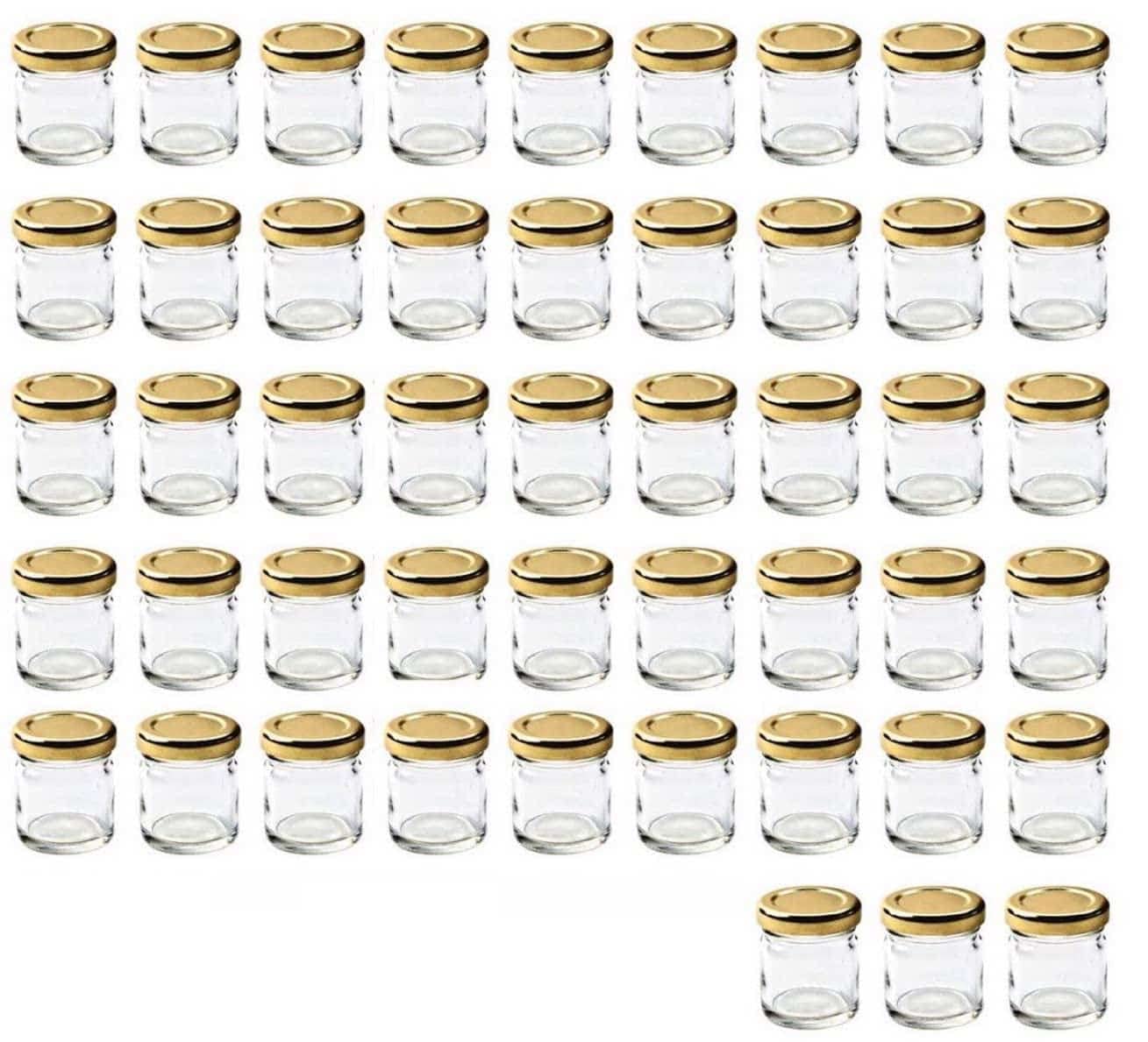 48 Mini Jars 45ml (1.5 oz) with Elegant Gold Twist Off Lids - Perfect for Samples, Party Favors, and Memorable Gifts.