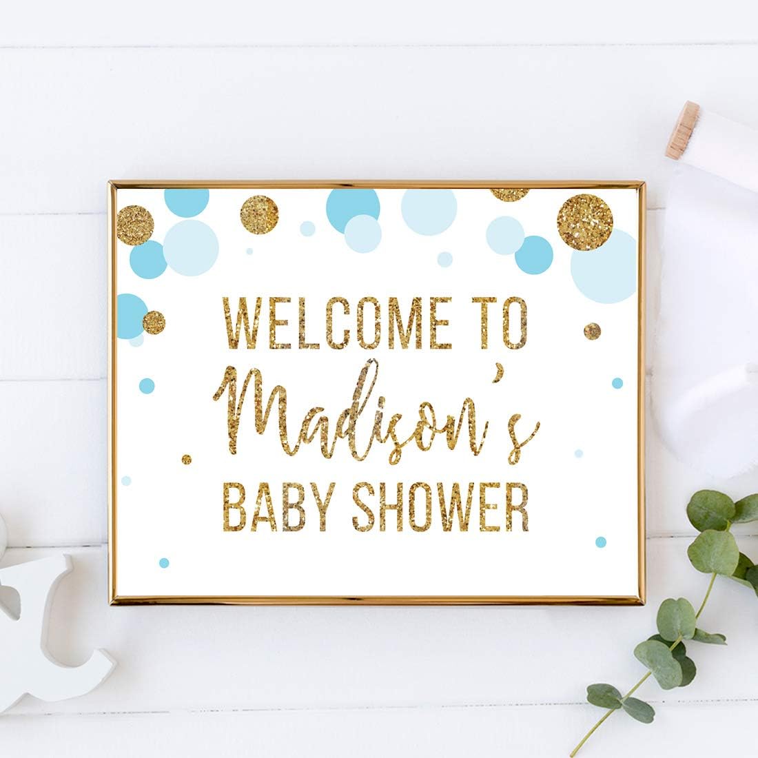Andaz Press Light Blue Gold Glitter Boy Baby Shower Party Collection, Personalized Party Sign, Welcome to Madison's Baby Shower, 8.5x11-inch, 1-Pack, Custom Name and Age