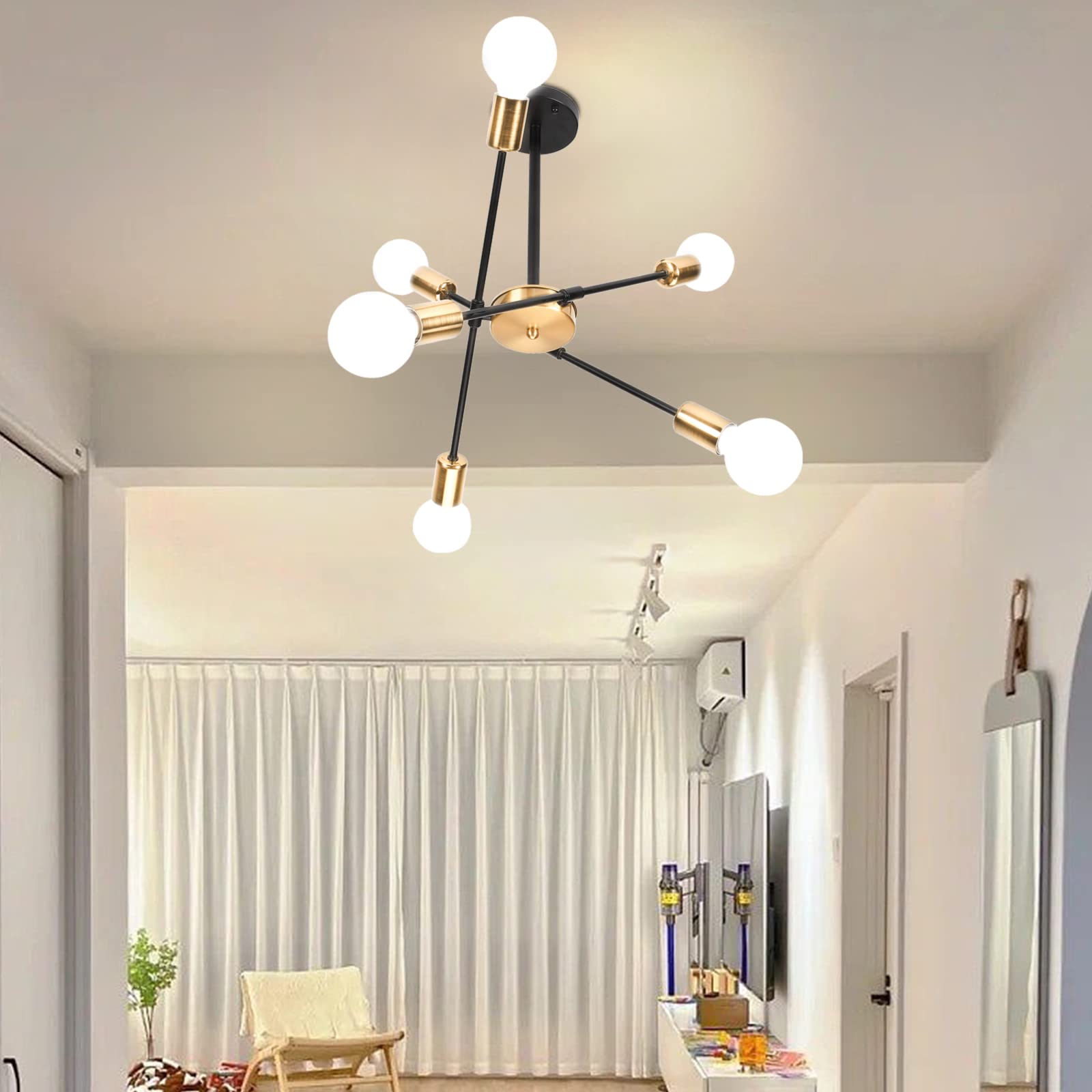 iDEGU Lampadario Soggiorno Moderno, 6 Luci Lampada da Soffitto Regolabile Plafoniera LED Vintage Illuminazione E27 Lampada a Sospensione Industriale per Camera da letto Sala da Pranzo (Nero Oro)