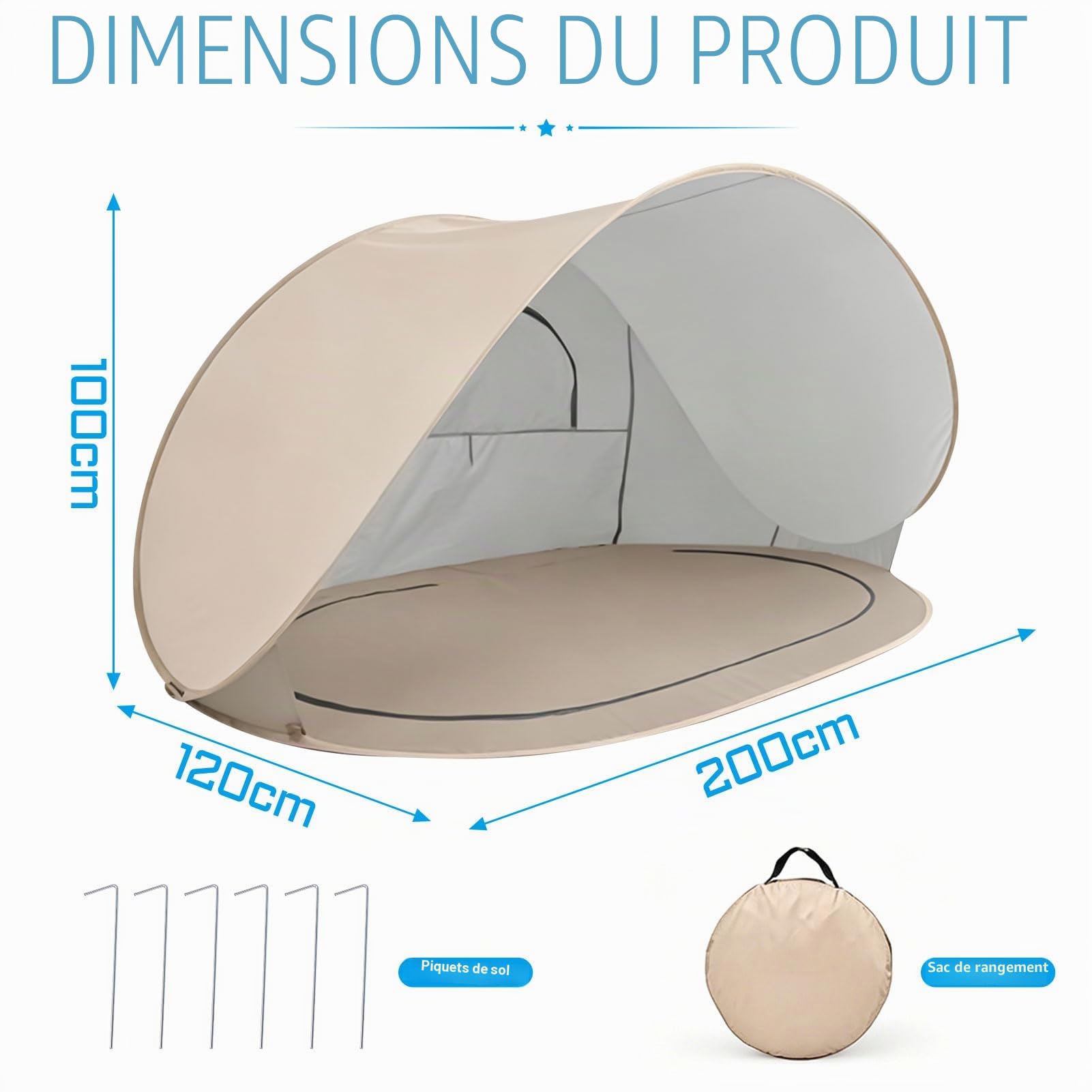 Tente de plage pop-up améliorée, tente de plage portable pour 3 à 4 personnes, fond amovible, abri de plage protection UV 50, tente de plage coupe-vent pour protection solaire, plage, jardin (beige)