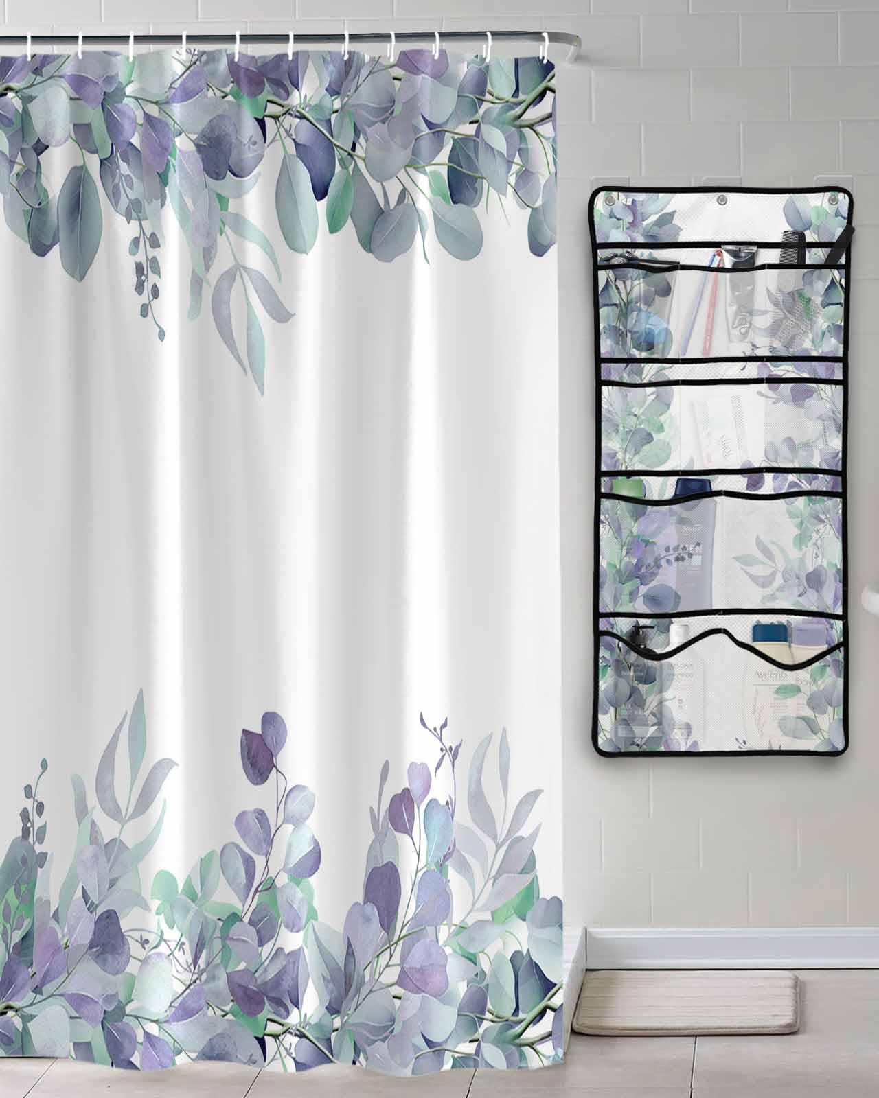 Shower Curtain Mesh Shower Organizer Hanging Set Watercolor Spring Blue Eucalyptus Leaves Waterproof Shower Curtains with 10 Pockets