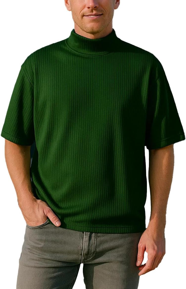 Akwa Men’s Mock Turtleneck T-Shirt Lightweight Moisture Wicking Short Sleeve Golf Work Ribbed Knit Breathable Made in USA