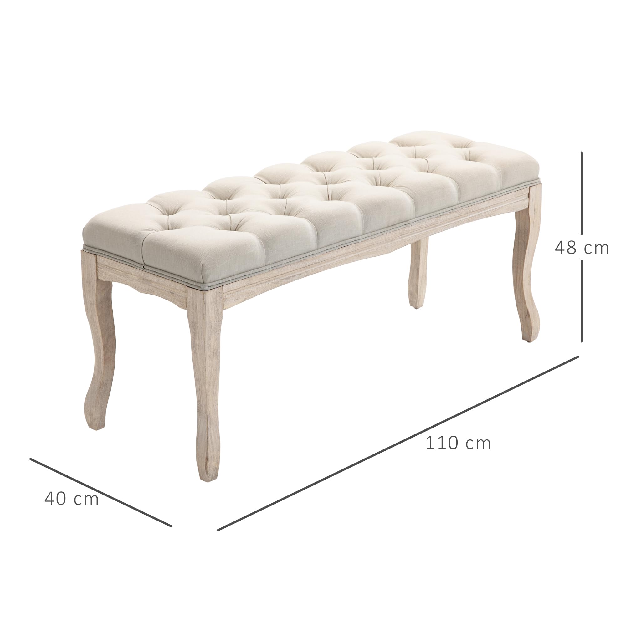 HOMCOM Banc Banquette capitonnée Style Classique 110 cm Bout de lit Rembourrée en Lin piètement Bois hévéa sculpté Lin Beige