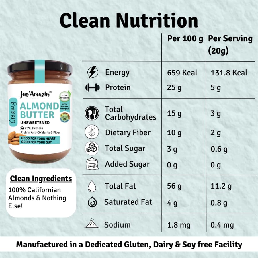 Image of Jus' Amazin Creamy Almond Butter - Unsweetened (500 g) Pack of 2 | 25% Protein | Only Whole Almonds (100% Pure) | Zero Additives | Keto | Plant Based Nutrition | Clean Nutrition