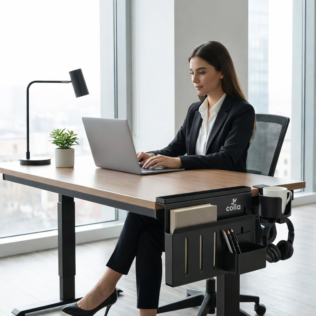 Desk Side Storage Organizer Clamp On – Side Desk Organizer Kit with Cup Holder, Magnetic Cable Organizer & Accessory Magnet, Hanging Desk Organizer for Home Office & Standing Desk