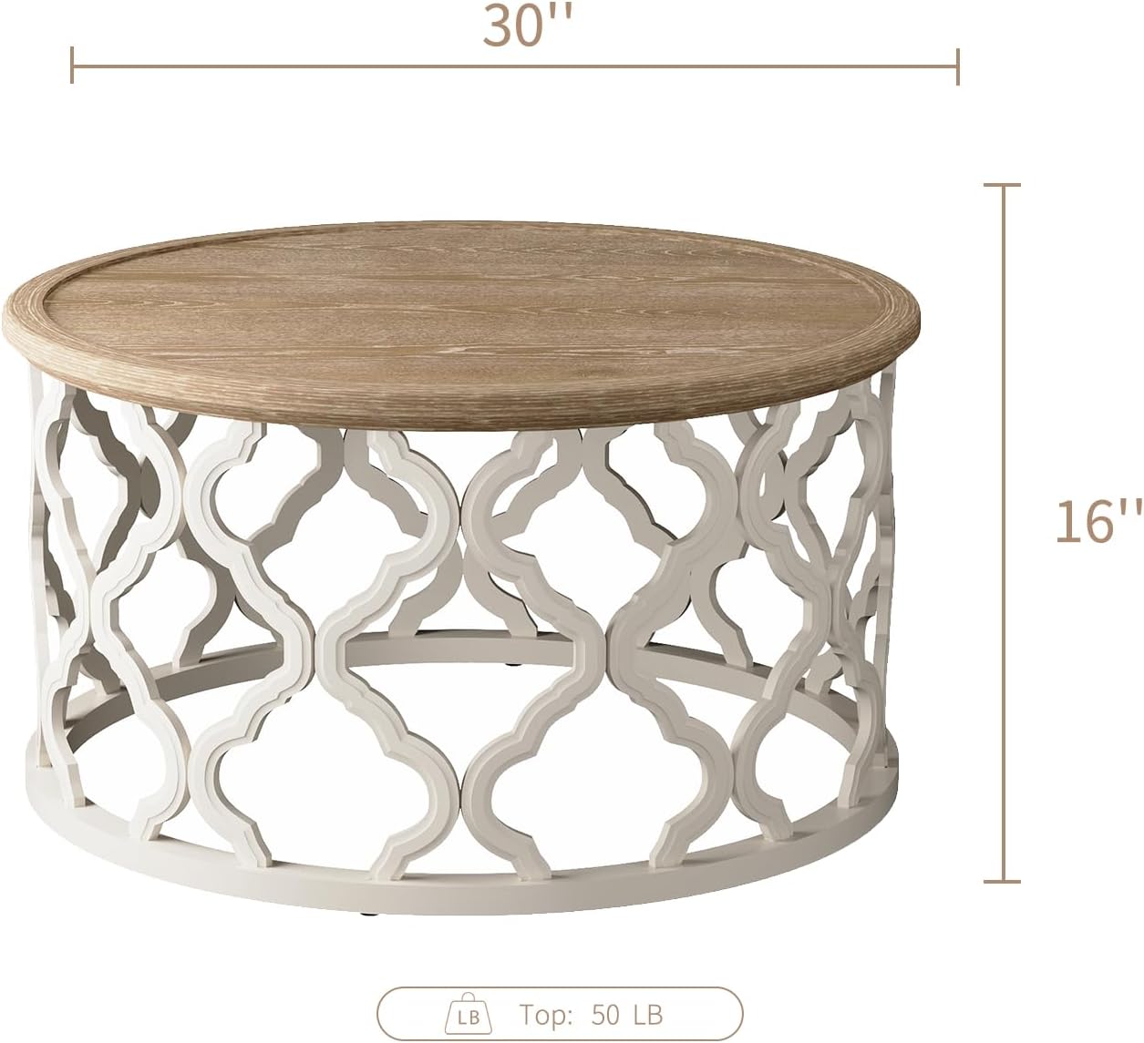 farmhouse coffee table, french country round coffee table with distressed tray top, coastal coffee table with curved motif frame base, boho center table for living room, dining room, bedroom, beige tray coffee table