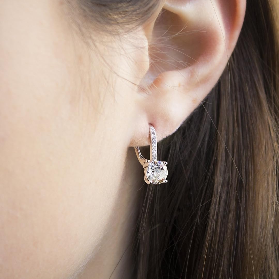 Devin Rose 925 Sterling Silver Round Dangle Drop Bridal Leverback Earrings for Women made with Faceted Crystals - Image 2