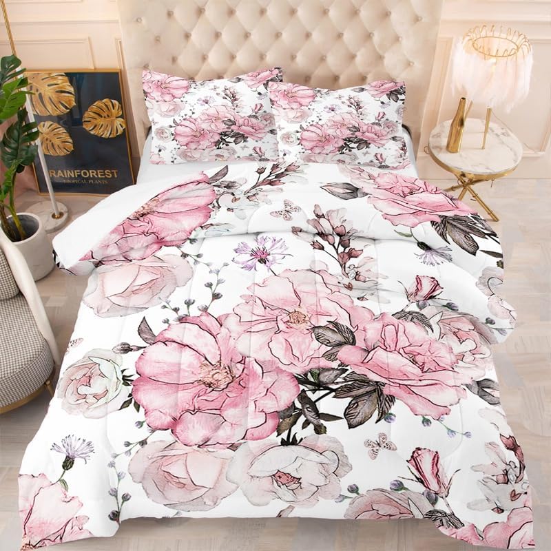Pink Flowers Comforter Set Queen Spring Floral 3 Pieces Microfiber Bedding Quilt for Couples Boys Girls Teens