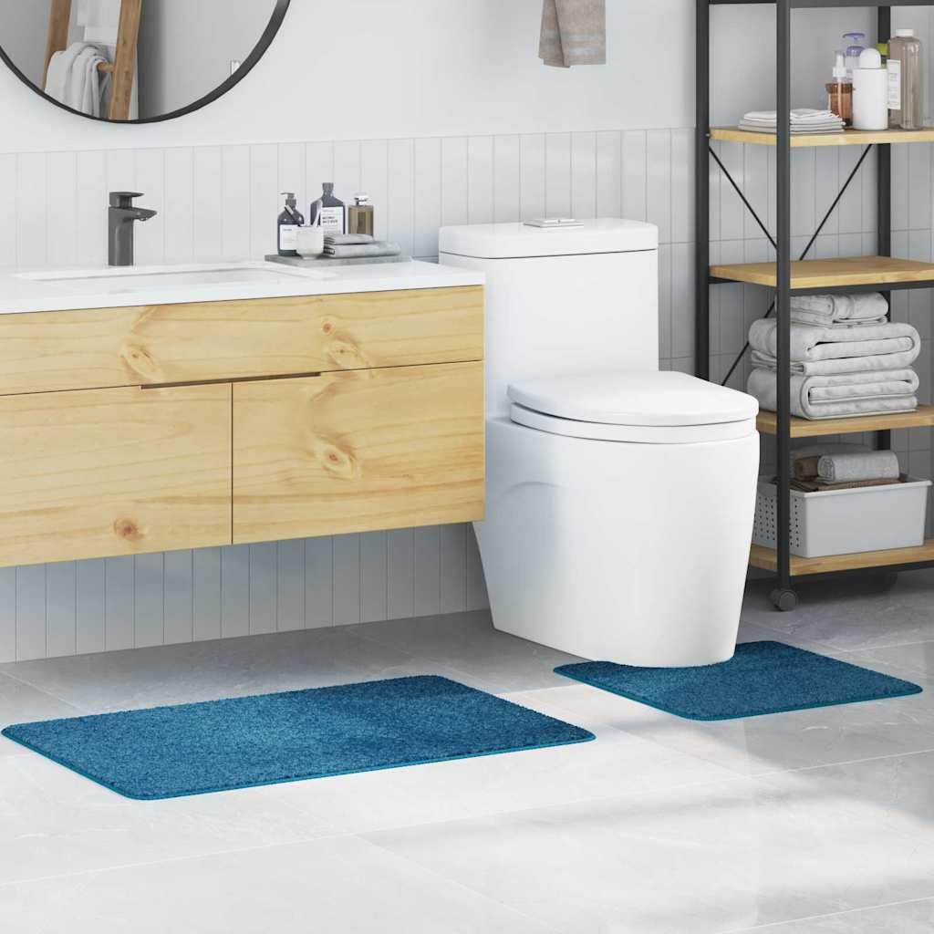 Set di 2 tappetini da bagno blu con scollo per WC, antiscivolo, assorbenti, lavabili in lavatrice, 60 x 90 cm e 50 x 50 cm