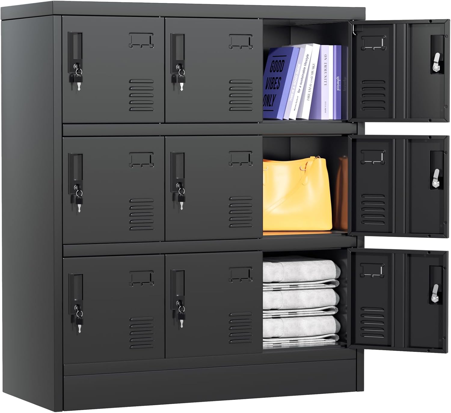 Greenvelly Metal Locker with 9 Doors, Black Metal Lockers for Employees with Locking Doors, Lockble Steel Locker Storage for Office, School, Gym, Home (3-Tier 9-Door)
