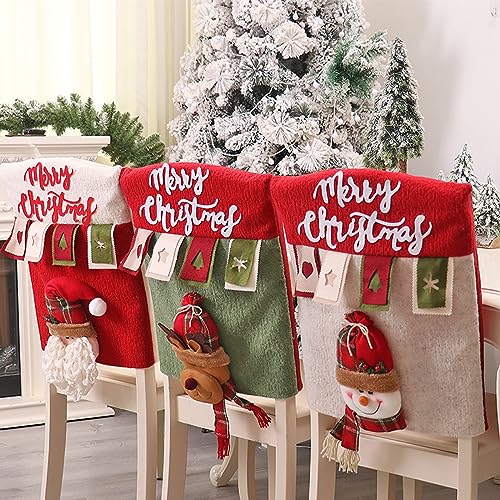 Christmas Chair Back Covers Set of 6 3D Plush Santa Claus Reindeer Snowman Christmas Chair Covers Decor Christmas Dinner Chair Back Slipcovers for Kitchen Xmas Holiday Decor, 20 X 18 Inch(6Pcs)
