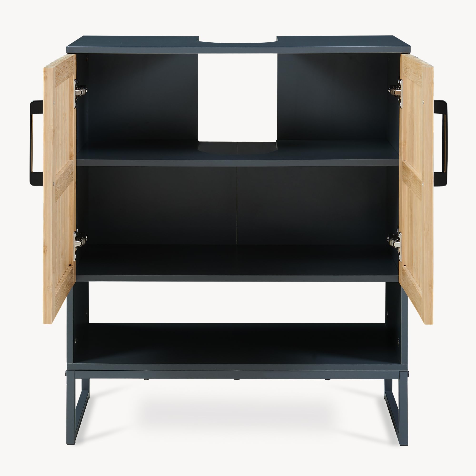 [en.casa] Meuble sous Lavabo Svanes avec 2 Portes à Lattes 2 Compartiments Intérieurs Étagère Inférieure Meuble sous Vasque Salle de Bain WC Bambou 70 x 60 x 30 cm Gris Foncé Naturel