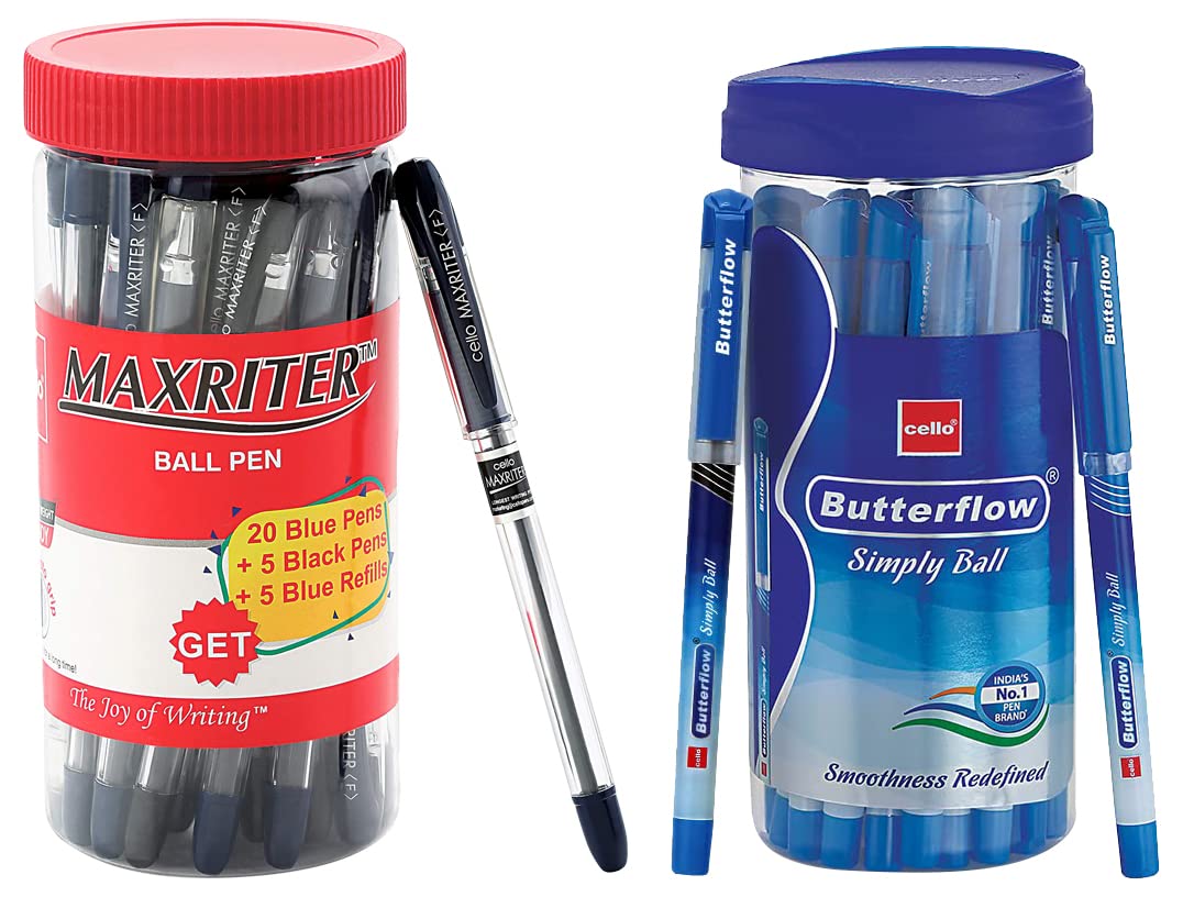 Cello Butterflow Simply Ball Pen & Cello Maxriter Ball Pens (Jar with