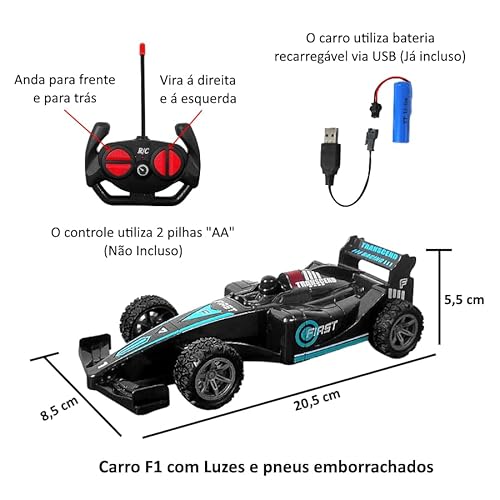 Carrinho de Controle Remoto Brinquedo Carro Formula 1 Bateria Recarregável e Luz (Preto)