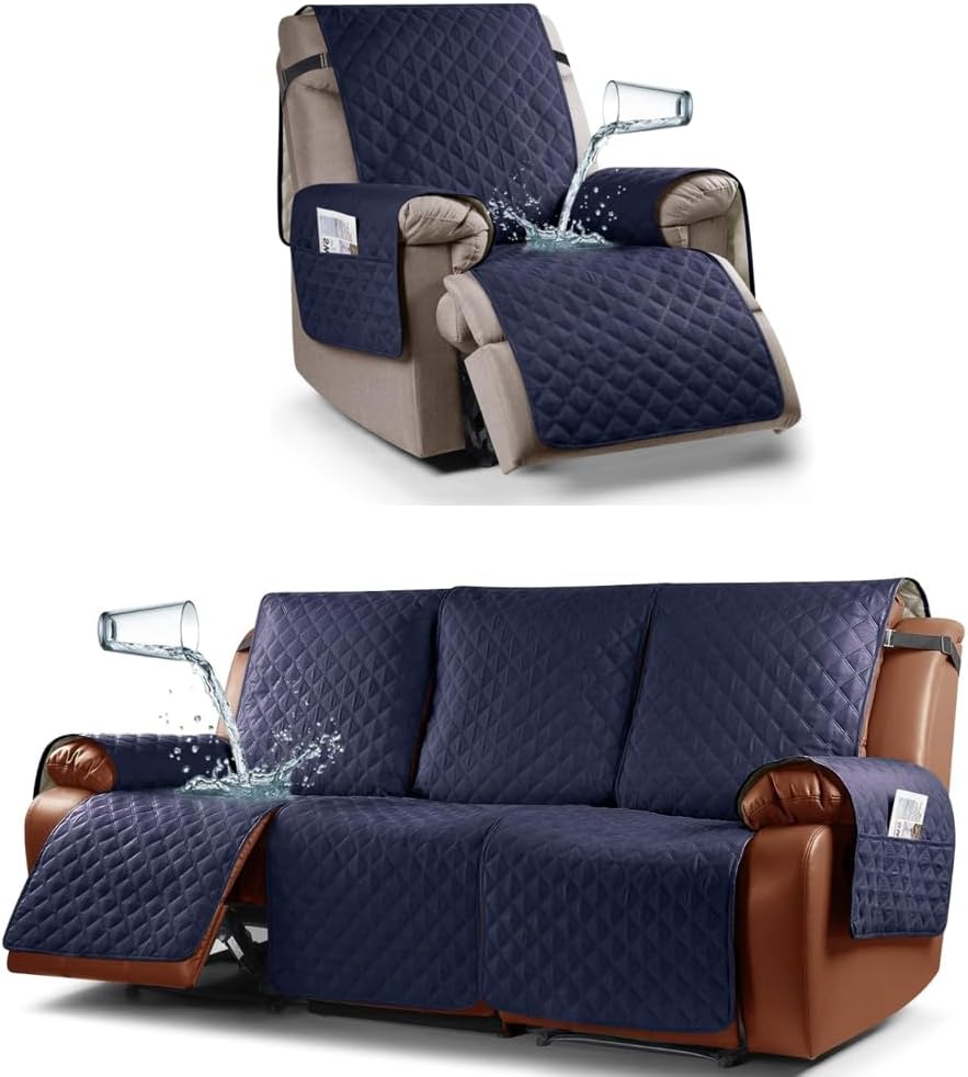 Ruaozz Waterproof Recliner Sofa Cover+ Chair Cover, Dark Blue