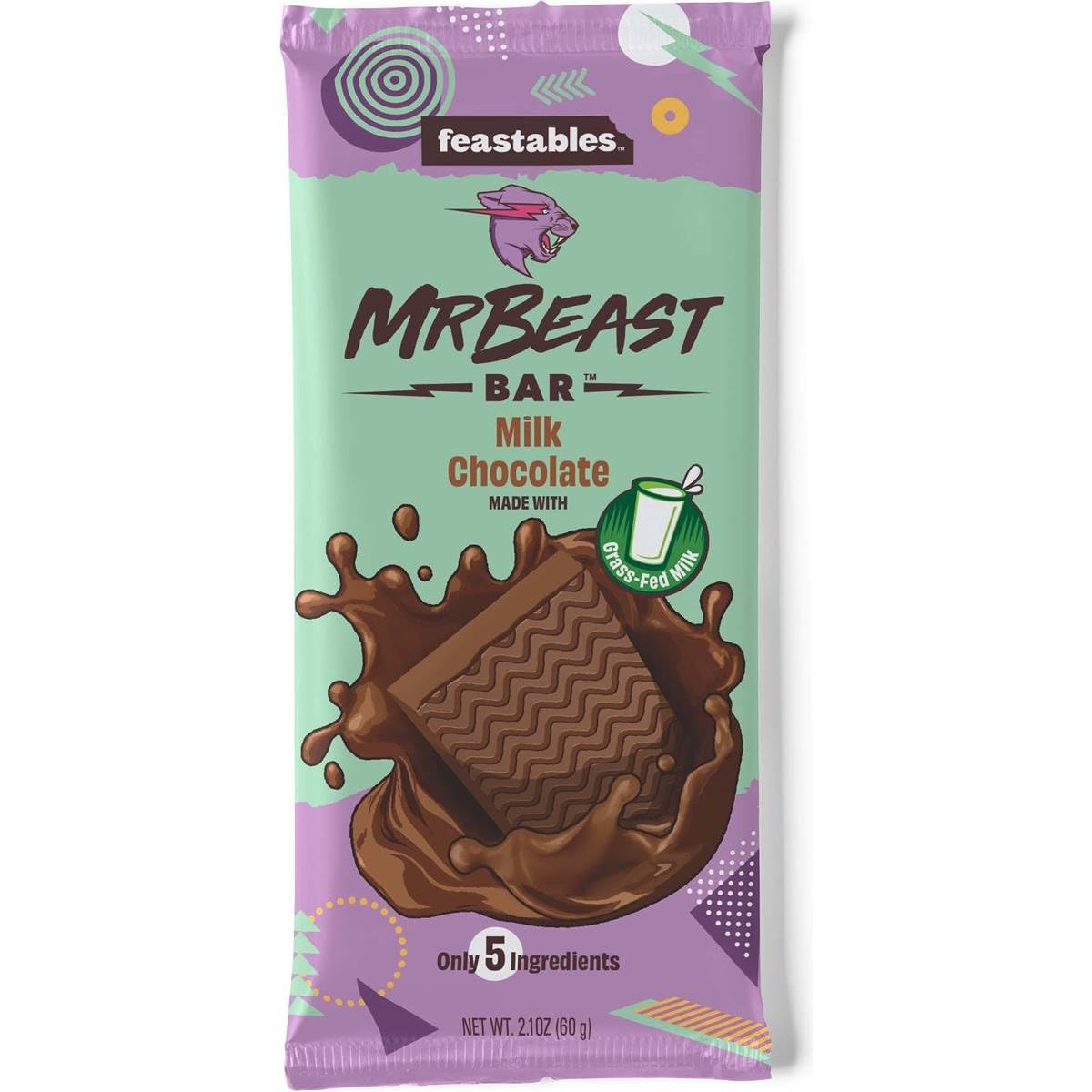 Mr. Beast Milk Chocolate Made with Grass-Fed Milk Chocolate and Organic Cocoa. Only 5 Ingredients, 2.1 Oz 60g