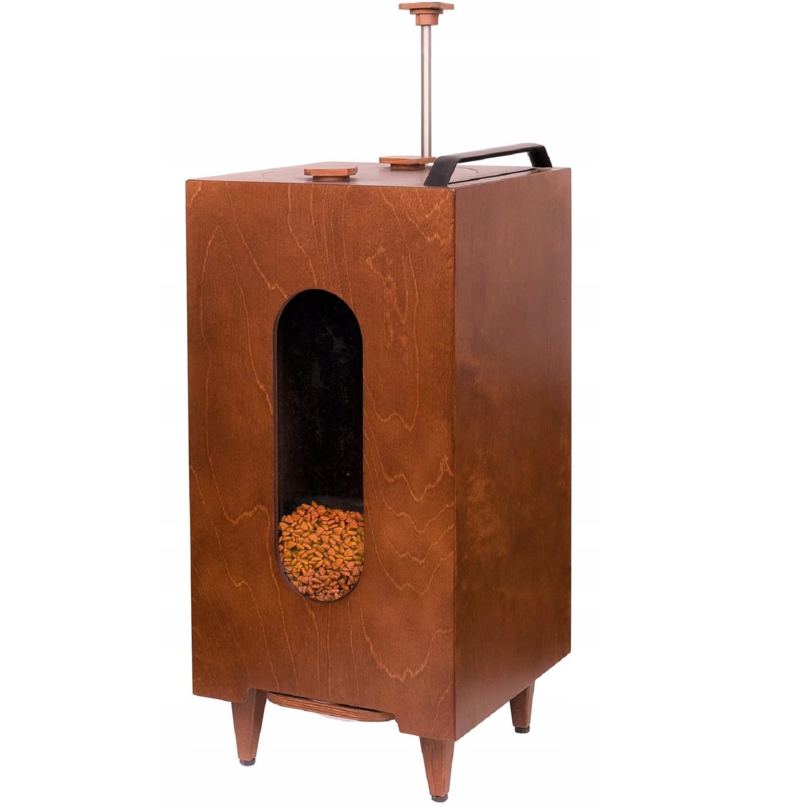 QLS Dispensador de alimentos secos 20 L para gatos y perros, comedero automático con bandeja de animales, 60 x 30 x 30 cm (marrón #E10197) | Dispensa alimentación con palanca en porciones iguales. Con cuenco en el tamaño deseado y caja de madera