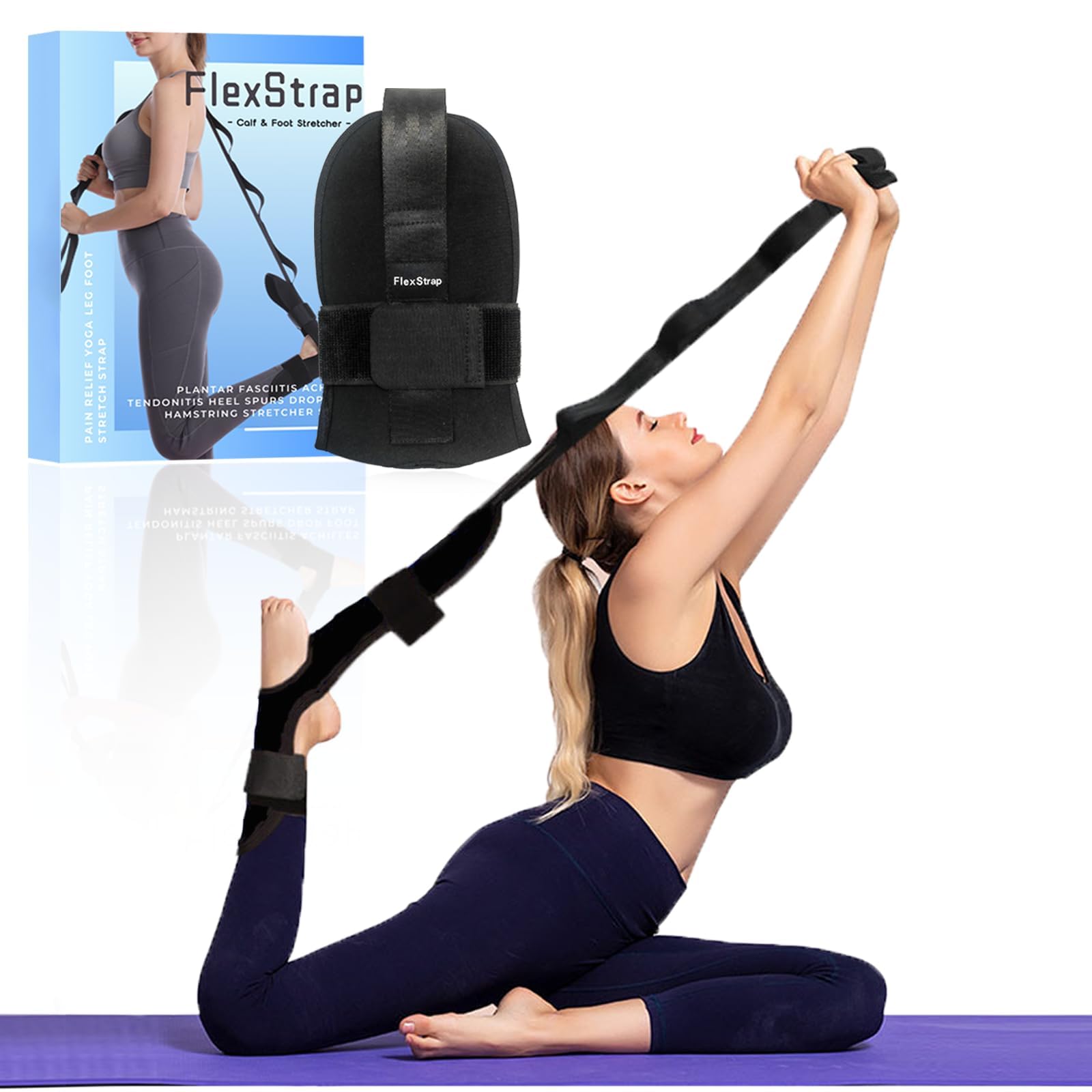 FlexStrap Calf & Foot Stretcher for Plantar Fasciitis, Achilles Tendonitis, Heel Spurs, Drop Foot, Hamstring - Yoga Leg Stretch Strap for Pain Relief