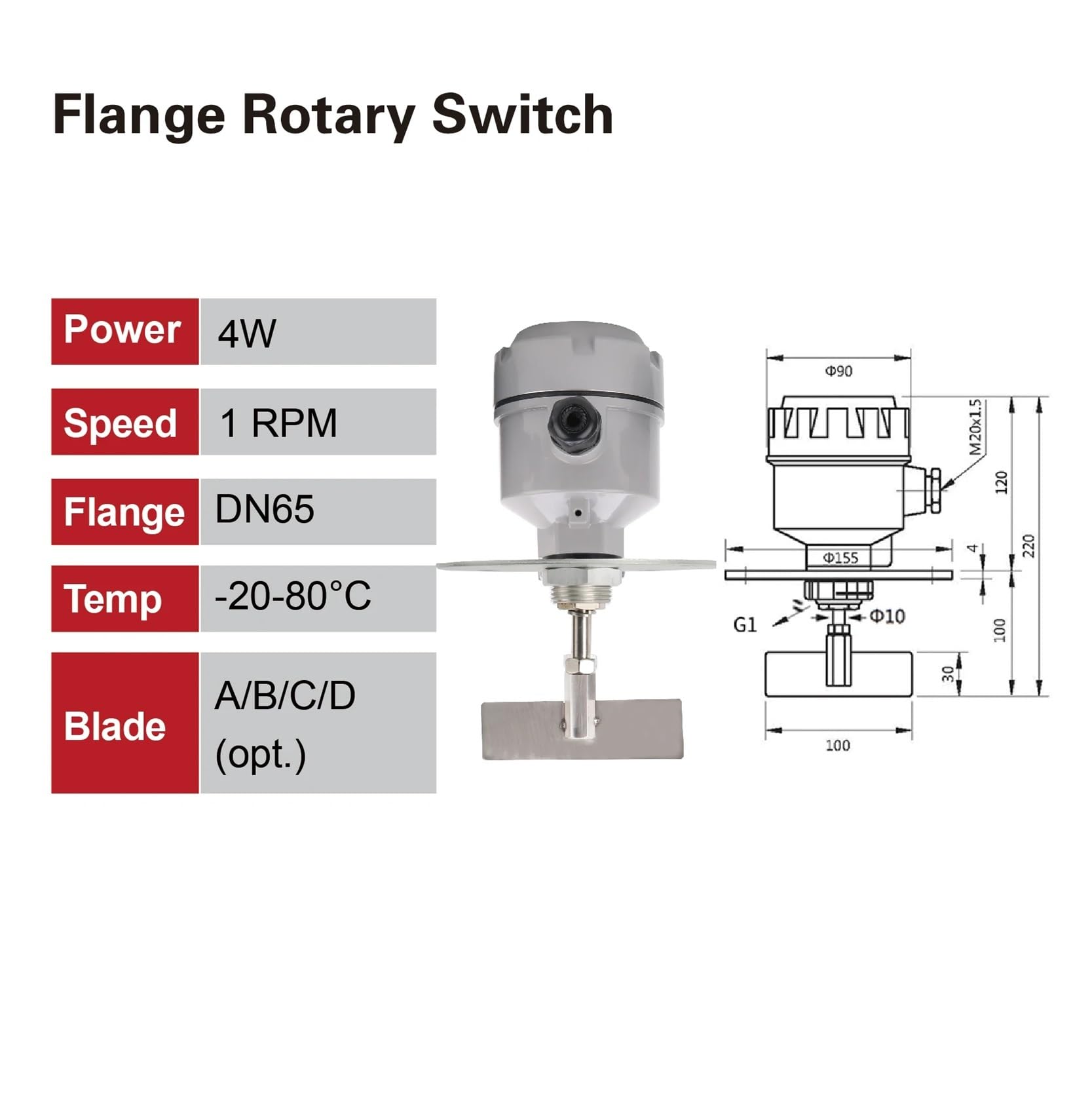 Drehpaddel-Füllstandschalter – 24 V, 110 V, 220 V, Pulvertrichter, Silobehälter-Sensor for Feststoff-Massenanzeige(Flange Type DC24V)