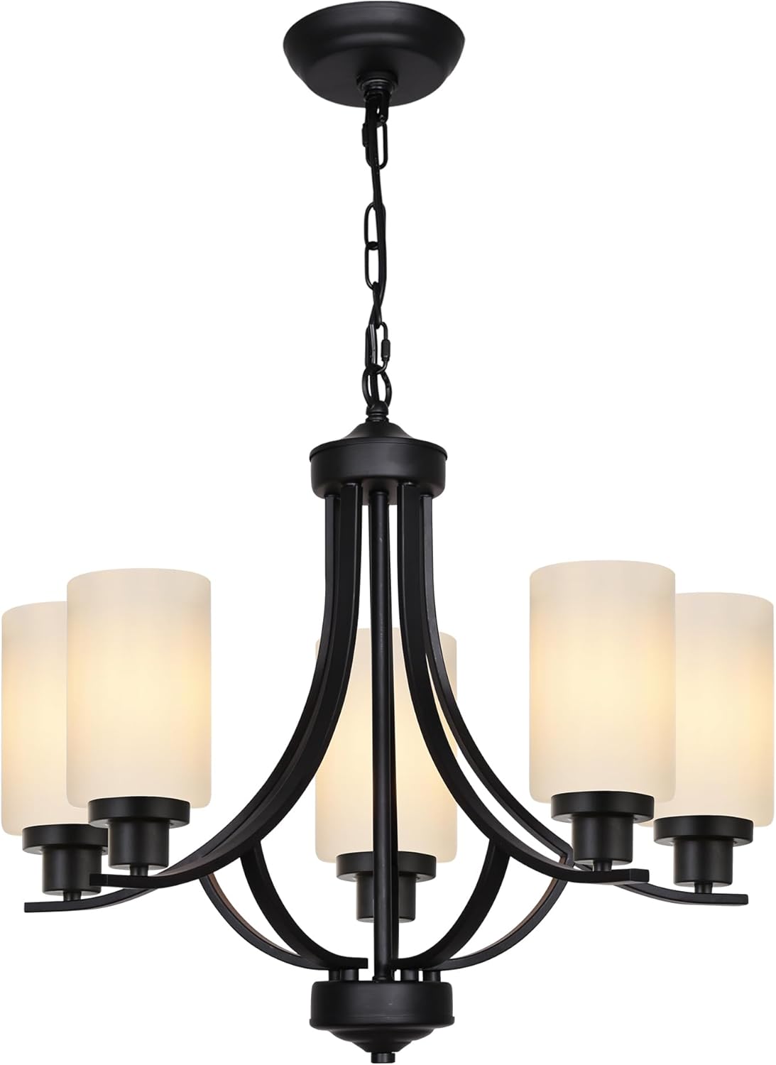 MELUCEE 5 Lights Chandeliers for Dining Room Traditional Chandelier Classic Black Pendant Light with Milky White Glass Shade, Mid Century Modern Chandelier for Kitchen Foyer Bedroom