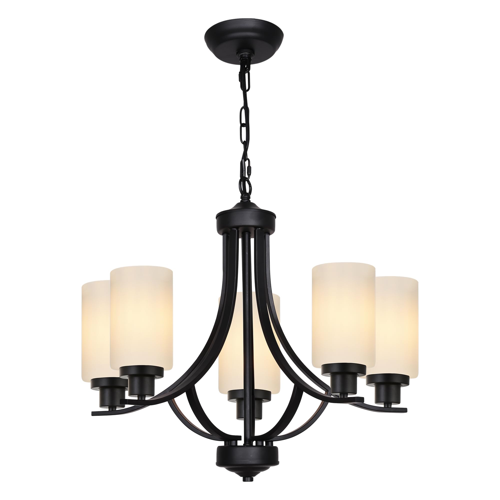 MELUCEE 5 Lights Chandeliers for Dining Room Traditional Chandelier Classic Black Pendant Light with Milky White Glass Shade, Mid Century Modern