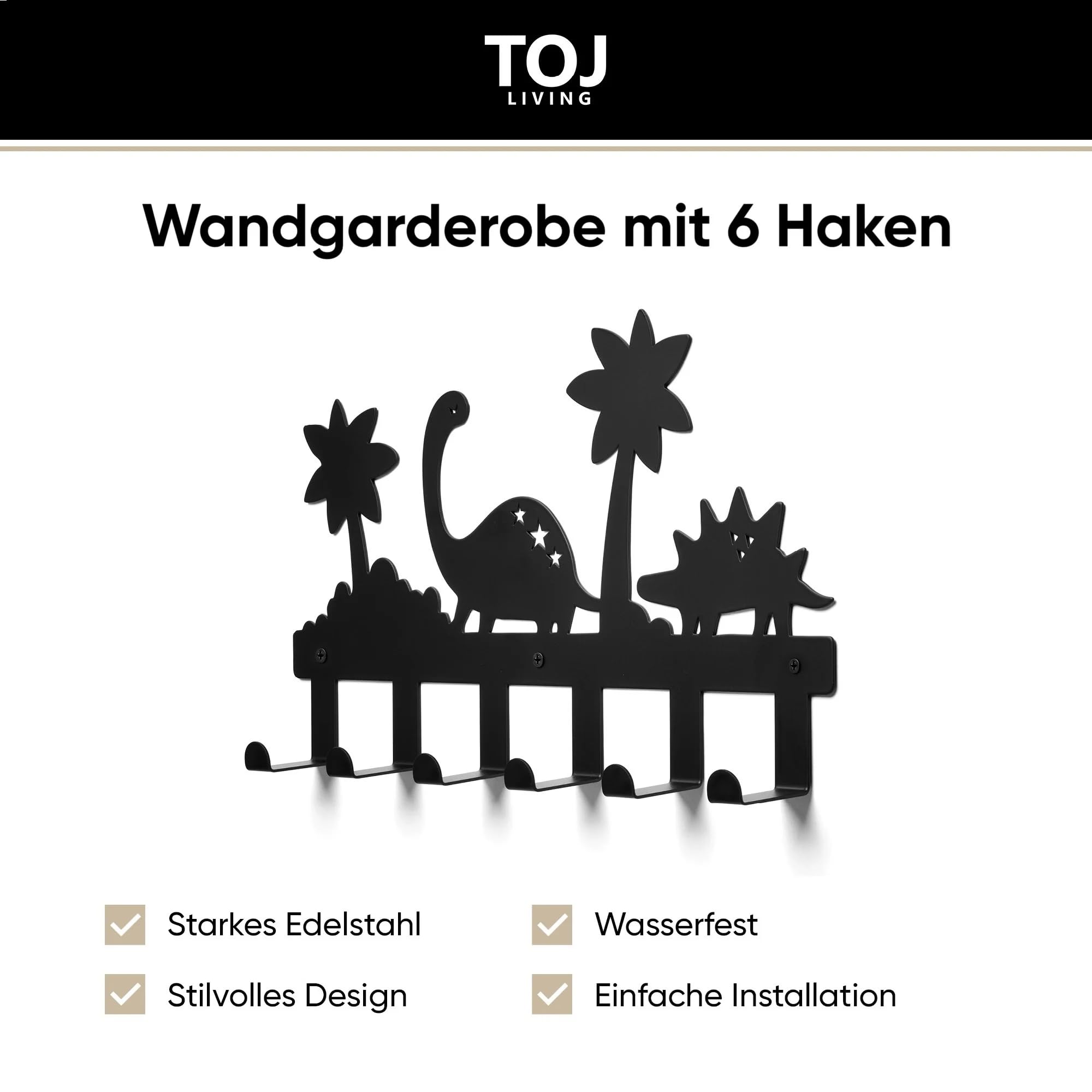 TOJ Living Kindergarderobe Pangea - 40CM - 6 Haken - Garderobe kinder - Wandgarderobe - Garderobenhaken - Kleiderhaken kinder - Kinder garderoben - Edelstahl - Dino/Dschungel - Schwarz