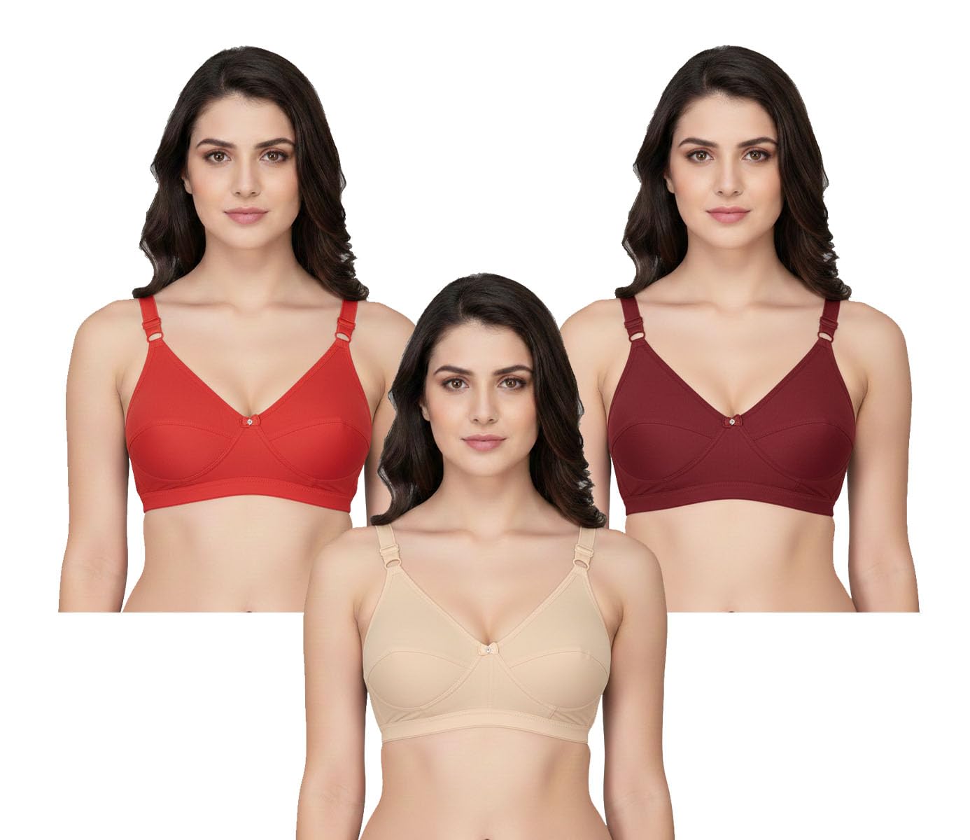 18M Women's Cotton Comfort Nursing Bras, Pack of 3, Pastel Colors -Red,Skin,Mahroon Adjustable Straps-picture-14