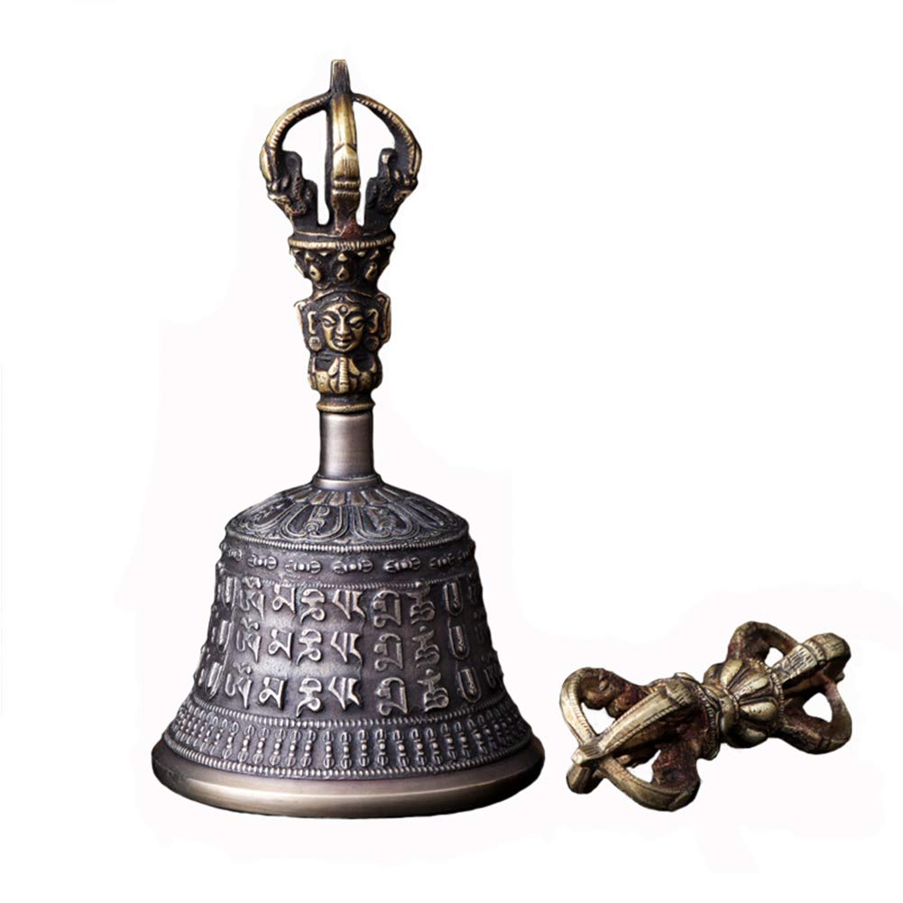 Personalized Table Decoration, Statue Shelf Decor, Tibetan Buddhism Meditation Vajra Dorje Statue, Antique Tibet Temple Handmade Ornaments, Five Shares Tantra Six-Character Mantra Vajra Bell Pestle De