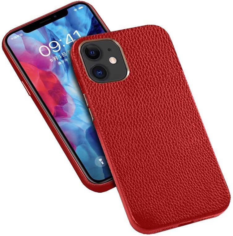 Étui en cuir iPhone 12 Pro rouge antichoc housse intégrale motif litchi