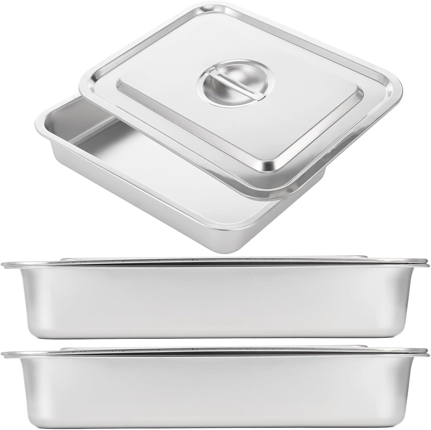 3 Pcs Pizza Dough Proofing Box, Stainless Steel Flat-Bottom Deepened Square Pans with Lids, Stackable Pizza Storage Container, 11.6 x 15.6 x 2.8 in, Food Prep Tray for Home, Party, Hotel & Buffet